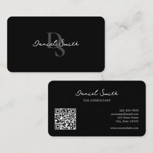 Carte De Visite Noir minimaliste professionnel monogramme QR Code