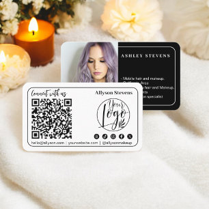 Carte De Visite Noir moderne blanc Social Media QR Code Photo Logo