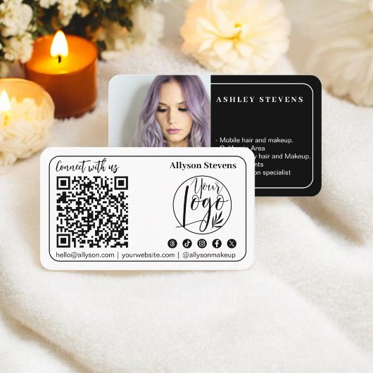 Carte De Visite Noir moderne blanc Social Media QR Code Photo Logo