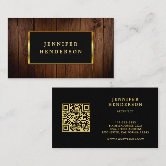 Carte De Visite Noir moderne bois QR code professionnel (Devant / Derrière)