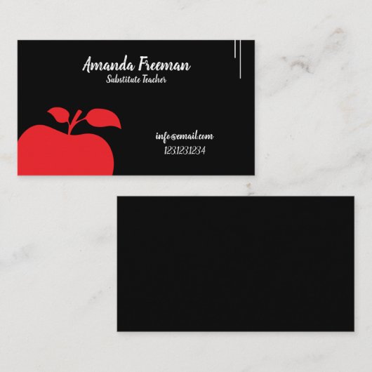 Carte De Visite Noir moderne Chalkboard Apple Enseignant substitut (Devant / Derrière)
