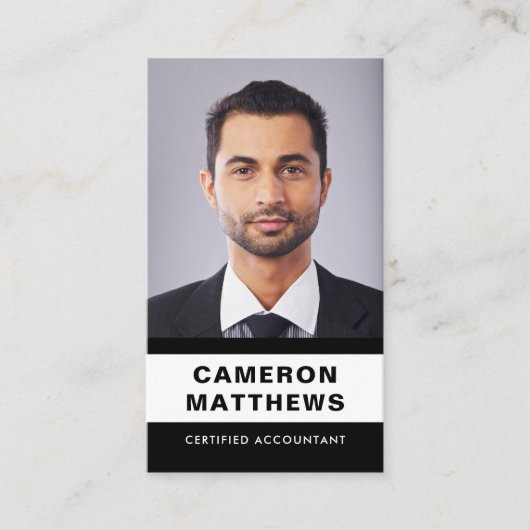 Carte De Visite Noir moderne et blanc ajouter photo code QR (Devant)