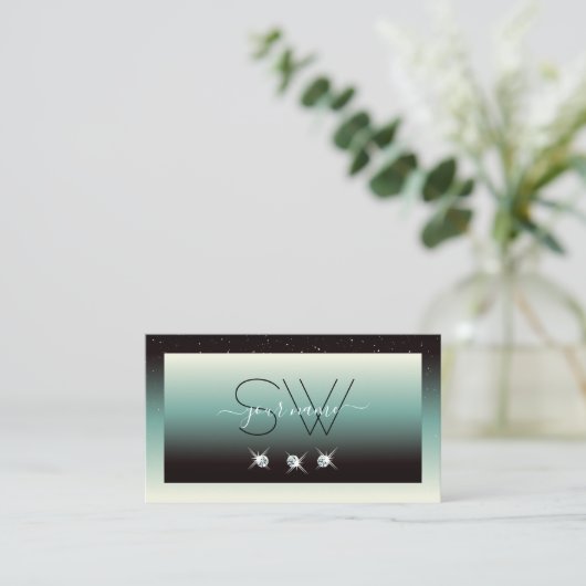 Carte De Visite Noir moderne Turquoise Gradient Bijoux étincelants (Debout devant)