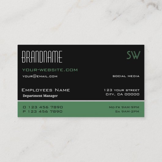 Carte De Visite Noir moderne vert et blanc simple avec Monogramme (Dos)