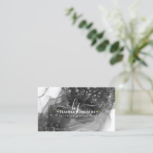 Carte De Visite Noir n Marbre blanc Agate Monogramme géode initial (Debout devant)