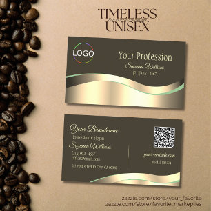 Carte De Visite Noir noir Brown Wavy Gold Décor avec logo QR Code