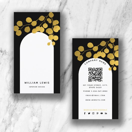 Carte De Visite Noir & Or Feuille Moderne Arc Code QR