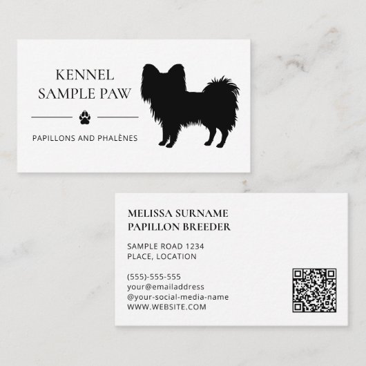 Carte De Visite Noir Papillon Silhouette Chien Kennel Ou Éleveur (Devant / Derrière)