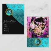 CARTE DE VISITE NOIR PURPLE BLUE BICYCLE MARIAGE DAMASK MONOGRAM (Devant / Derrière)