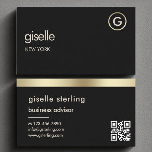 Carte De Visite Noir QR Code Faux Gold Foil Monogramme