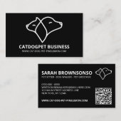 Carte De Visite Noir Qr Code Logo Chien chat animal (Devant / Derrière)
