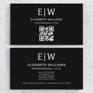 Carte De Visite Noir QR Code Monogramme Minimaliste
