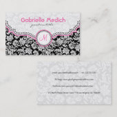 Carte De Visite Noir rose et blanc Élégant Damas florales (Devant / Derrière)