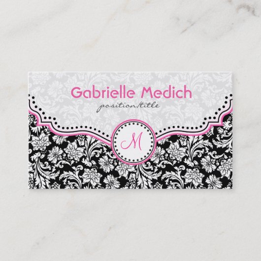 Carte De Visite Noir rose et blanc Élégant Damas florales (Devant)