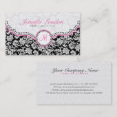 Carte De Visite Noir rose et blanc Élégant Damas florales 2 (Devant / Derrière)
