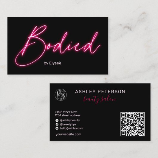 Carte De Visite Noir rose moderne boit de script logo qr code (Devant / Derrière)