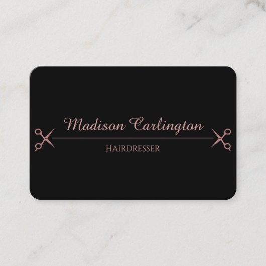 Carte De Visite Noir simple avec des ciseaux roses d'or (Devant)