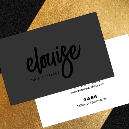 Carte De Visite Noir sur Noir Moderne Brush Script Beauté Business