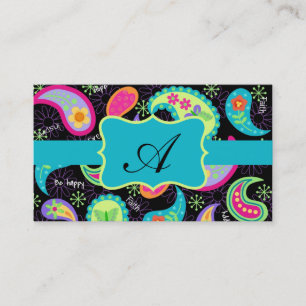 Carte De Visite Noir Turquoise Moderne Paisley Motif Monogramme