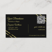 Carte De Visite Noir uni avec lignes dorées Monogramme et code QR (Dos)