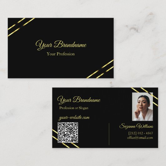 Carte De Visite Noir uni avec lignes dorées Photo et code QR (Devant / Derrière)