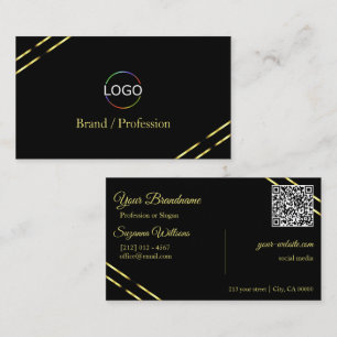Carte De Visite Noir uni avec logo à lignes dorées et code QR