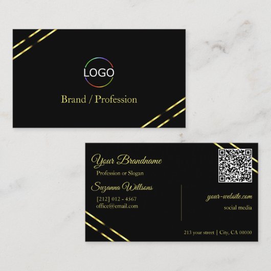 Carte De Visite Noir uni avec logo à lignes dorées et code QR (Devant / Derrière)