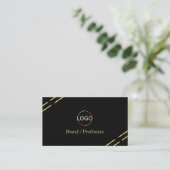 Carte De Visite Noir uni avec logo à lignes dorées et code QR (Debout devant)
