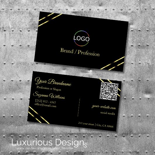 Carte De Visite Noir uni avec logo à lignes dorées et code QR
