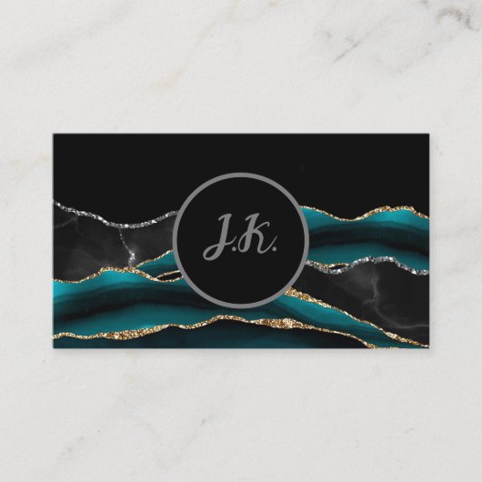 Carte De Visite Noir vert Argent Initiales Agate Glam Marbre (Devant)