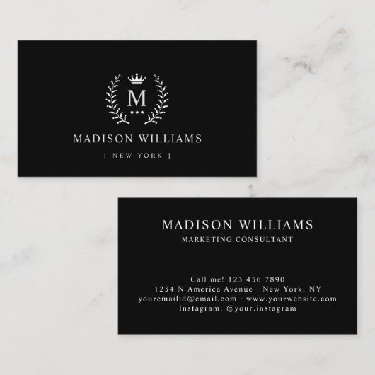 Carte De Visite Nom customisé & Couleur Noir Et Blanc Initiale (Devant / Derrière)