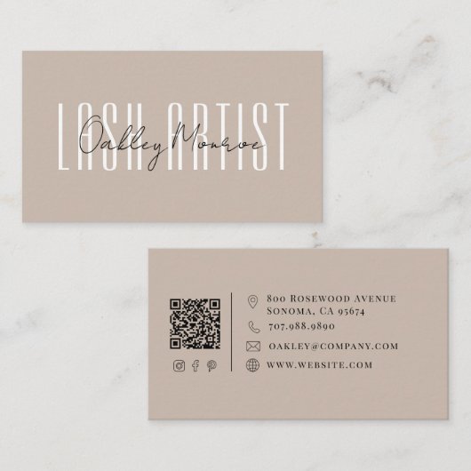 Carte De Visite Nom de l'artiste de cils Script Grège Code QR (Devant / Derrière)