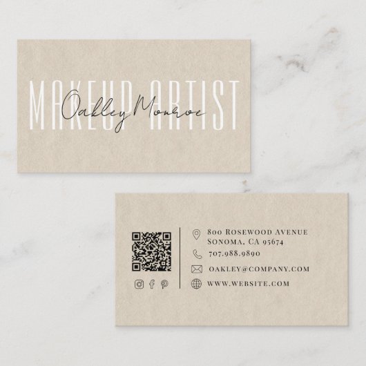 Carte De Visite Nom de l'artiste maquilleur Code QR Tan Script (Devant / Derrière)