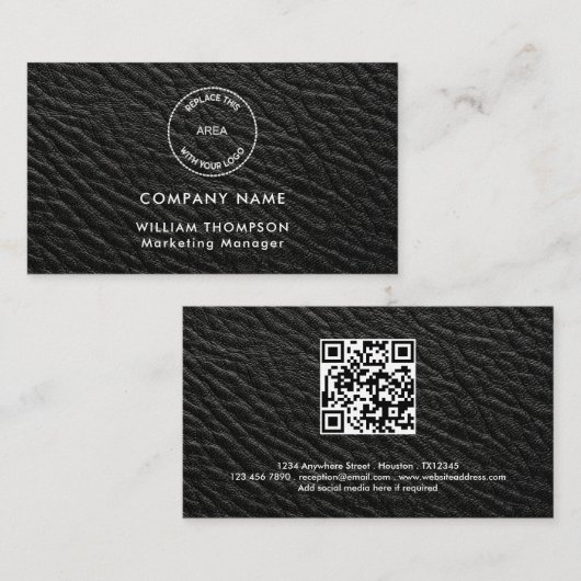 Carte De Visite Nom de l'entreprise Logo QR Code Black Faux cuir (Devant / Derrière)