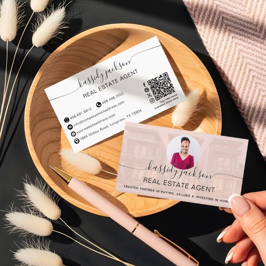 Carte De Visite Nom de script élégant Circle Business Photo QR Cod