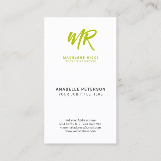 Carte De Visite Nom de script minimal initial | Lime vert (Dos)