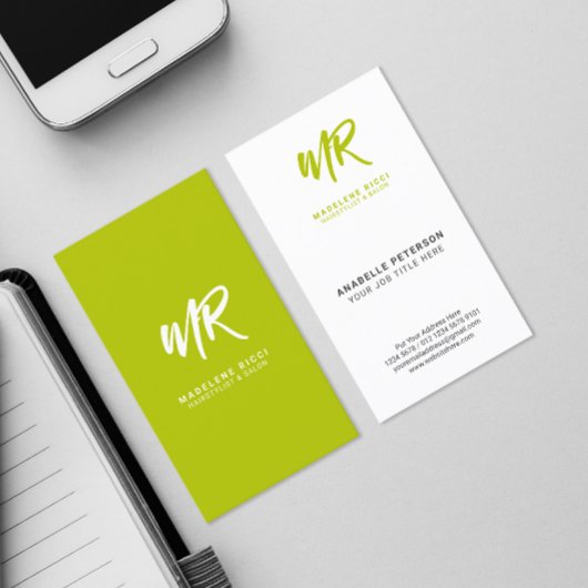 Carte De Visite Nom de script minimal initial | Lime vert