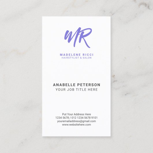 Carte De Visite Nom de script minimal initial | Violet spécial (Dos)