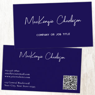 Carte De Visite Nom de script simple et code QR texte Bleu marine