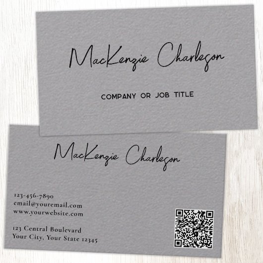 Carte De Visite Nom de script simple et code QR texte gris