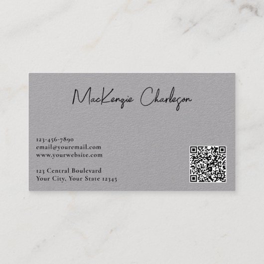Carte De Visite Nom de script simple et code QR texte gris (Dos)