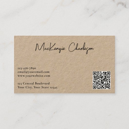 Carte De Visite Nom de script simple et code QR texte Kraft (Dos)