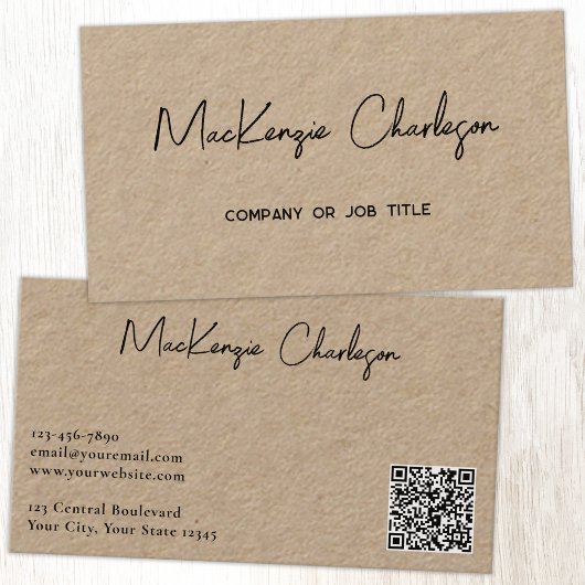 Carte De Visite Nom de script simple et code QR texte Kraft