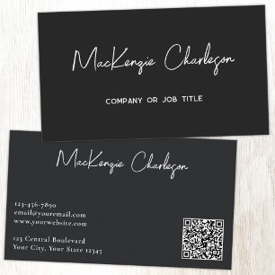 Carte De Visite Nom de script simple et code QR texte Noir
