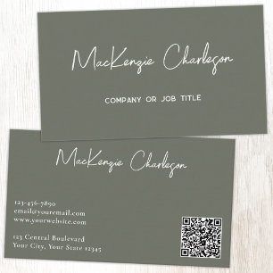 Carte De Visite Nom de script simple et code QR texte Vert sauge