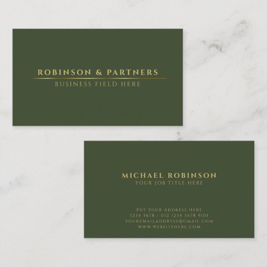 Carte De Visite Nom de société minimal | Gold Line | Vert foncé (Devant / Derrière)