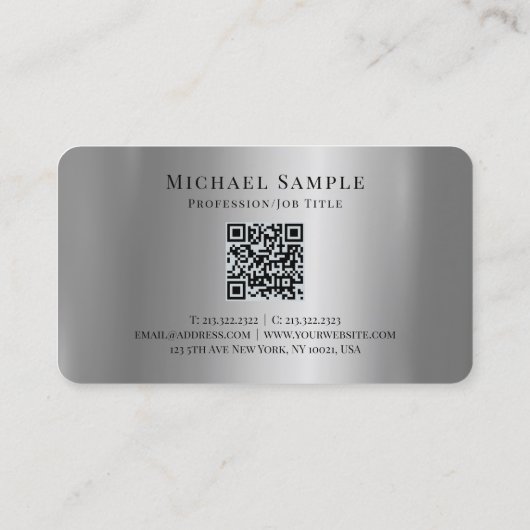 Carte De Visite Nom de typographie Code QR Script Luxe Argent (Dos)