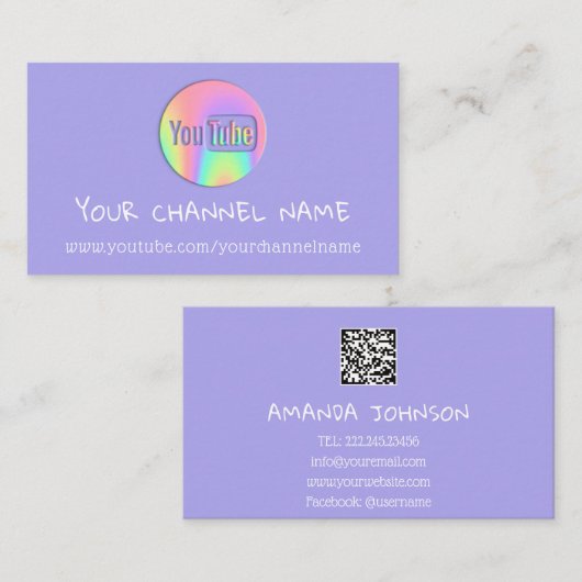 CARTE DE VISITE NOM DU CANAL VOUS TUBER LOGO QR CODE HOLOGRAPHE (Devant / Derrière)
