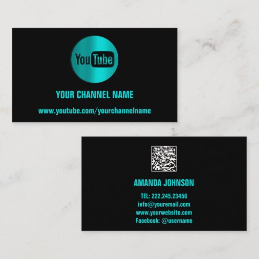 CARTE DE VISITE NOM DU CANAL YOUTUBER LOGO QR CODE BLEU MINT (Devant / Derrière)