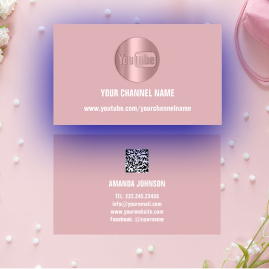 CARTE DE VISITE NOM DU CANAL YOUTUBER LOGO QR CODE ROSE